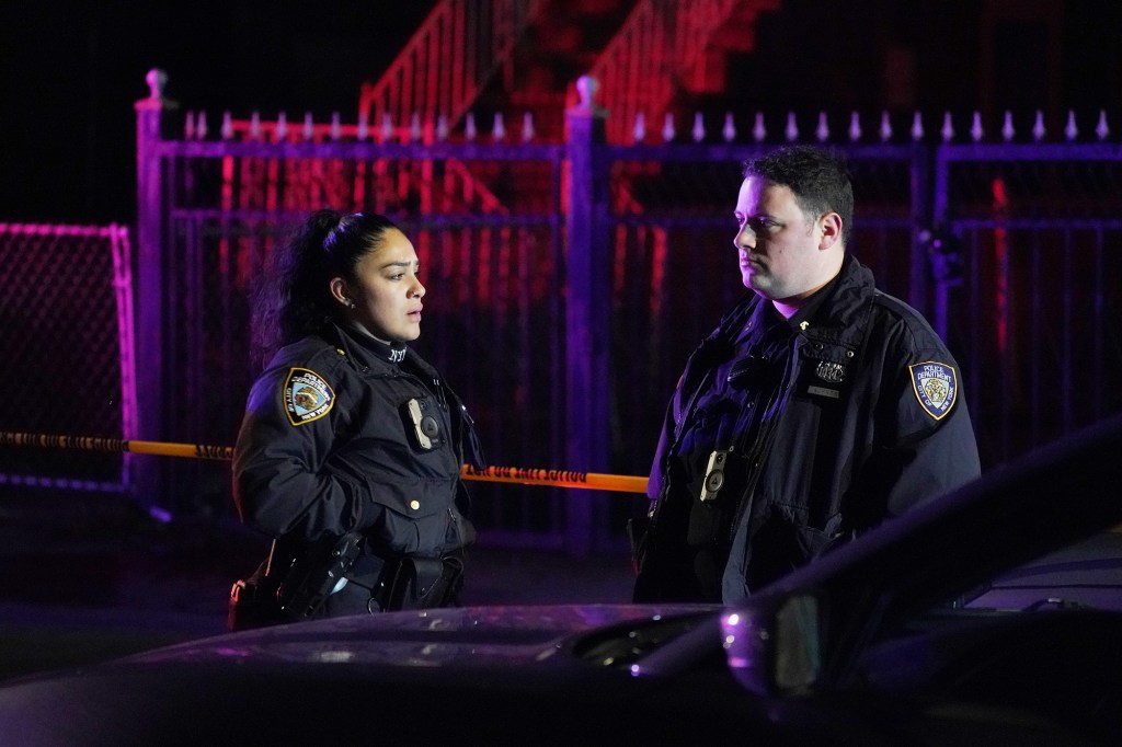 Police at the scene where a person was stabbed on Bruckner Boulevard near Castle Hill Avenue in the Bronx, NY around 12 a.m. on March 27, 2022.