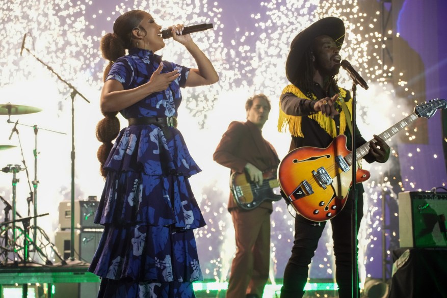 Mickey Guyton performs with Adrian Quesada and Eric Burton of Black Pumas performing