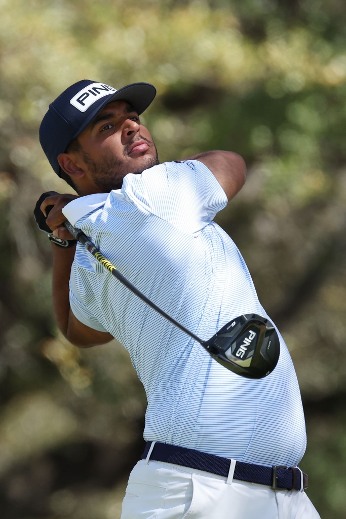 Sebastian Muñoz of Colombia plays his shot from the eighth tee during the third day of the World Golf Championships-Dell Technologies Match Play at Austin Country Club on March 25, 2022 in Austin, Texas.