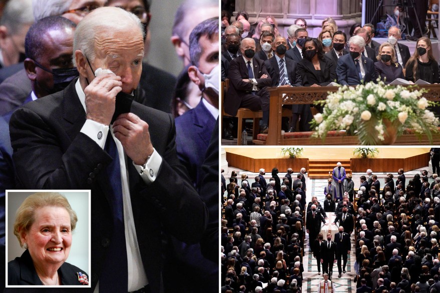 Biden tears up at funeral for Madeleine Albright