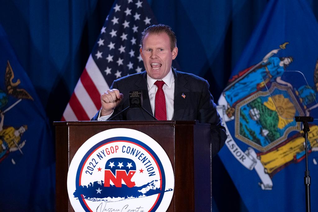 Andrew Giuliani speaks during the 2022 New York GOP Convention in March.