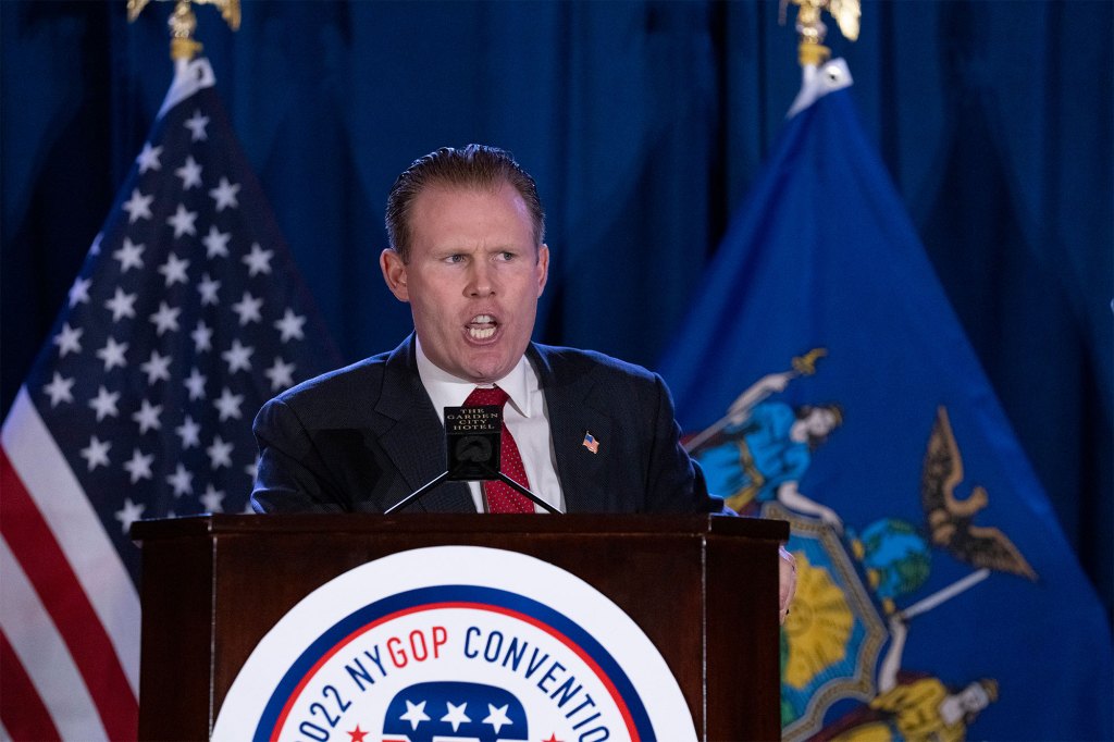 Andrew Giuliani speaks during the 2022 NY GOP Convention.