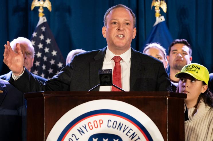 U.S. Rep. Lee Zeldin speaks to delegates and assembled party officials at the 2022 NYGOP Convention.