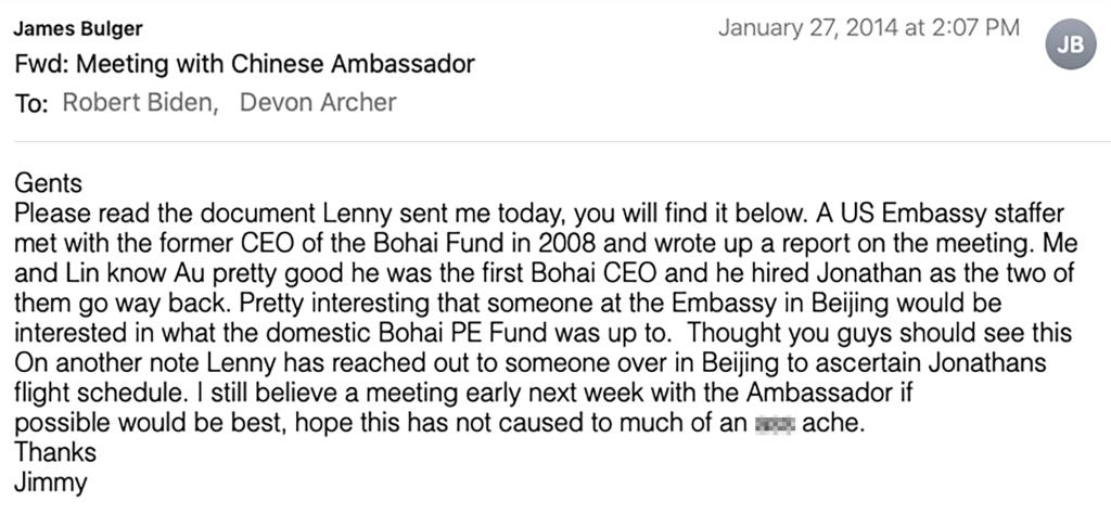 The email sent on Jan. 27, 2014 -- with a subject line that read, “Meeting with Chinese Ambassador” -- suggested the group meet in Washington, DC.