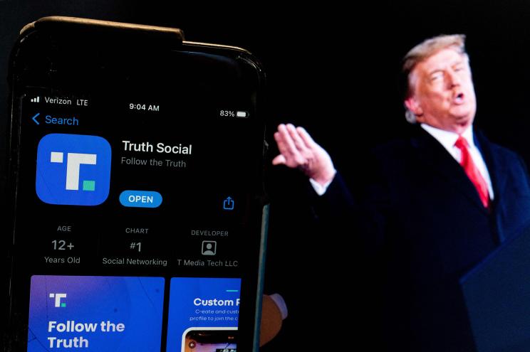 Illustration of Trump with his Truth Social app