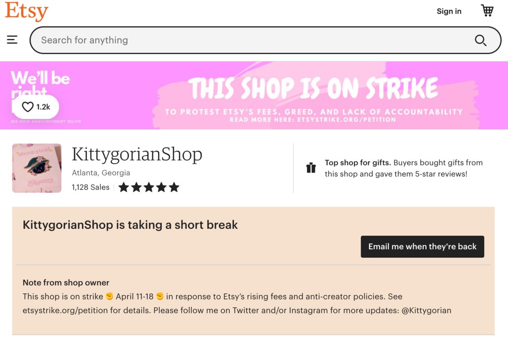 An Etsy seller displaying its support for the boycott with a sign stating that "this shop is on strike."