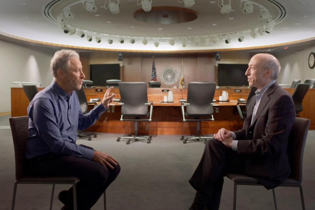 Jon Stewart interviewing SEC chair Gary Gensler.