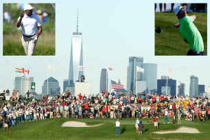 A composite image of Liberty National Golf Club with inset photos of Michael Strahan waving to a crowd, left, and Michael Phelps hitting a shot.