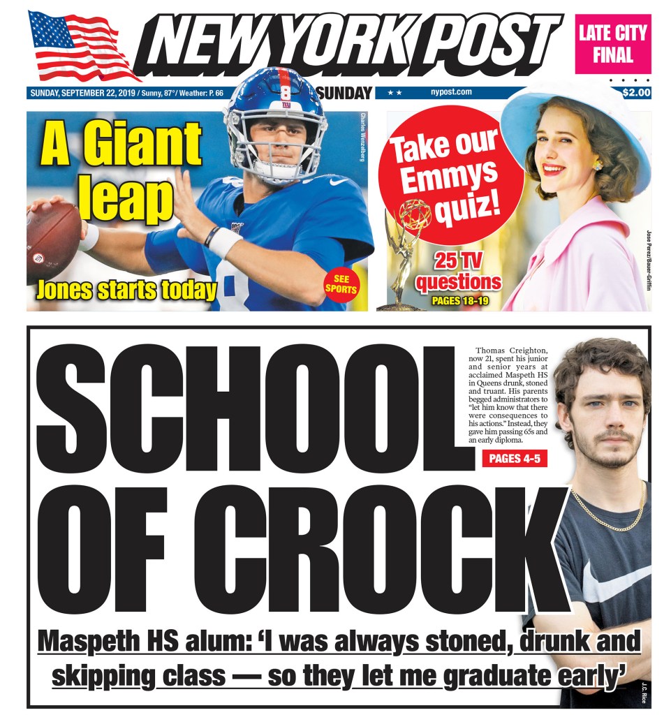 New York Post for Sunday September 22, 2019 A Giant Leap Take our Emmys Quiz. School of Crock