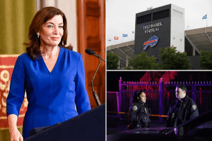 Main: Gov. Kathy Hochul. Right: Police at the scene where a person was stabbed on Bruckner Boulevard near Castle Hill Avenue in the Bronx, NY around 12 a.m. on March 27, 2022. A general overall view of the exterior of Highmark Stadium as a detail view of the Bills and Highmark Stadium