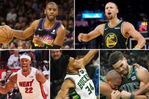 The Phoenix Suns, Golden State Warriors, Boston Celtics, Milwaukee Bucks and Miami Heat (clockwise from top left) are the top five favorites for the NBA title.