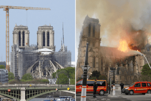 Left: On April 15,2022 will be the 3rd Anniversary since the Notre Dame Cathedral caught fire on April 15,2019. PARIS, FRANCE Right: Tourists come to the newly accessible forecourt to see Notre Dame Cathedral in Paris under construction a few days before the anniversary date of April 15, 3 years after the tragedy Forecourt to Notre Dame Cathedral opens, Paris, France.