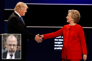 Main: In this Sept. 26, 2016 file photo, Republican presidential nominee Donald Trump and Democratic presidential nominee Hillary Clinton shake hands during the presidential debate at Hofstra University in Hempstead, N.Y. Inset: In this April 25, 2006, file photo, John Durham speaks to reporters on the steps of U.S. District Court in New Haven, Conn.