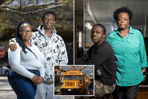 Left: Allicia Gittens’, 35, son Donovan Gittens, 14, pose in front of Dr. Susann S. McKinney Secondary School. Right: Cynthia Noel, 61, and her son, Jaylen Noel, 14, a student at Dr. Susann S. McKinney Secondary School pose at their home in Canarsie. Center: A driver wearing a protective mask drives a school bus during the COVID-19 pandemic in the Brooklyn borough of New York City.