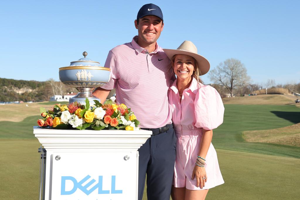 Scottie Scheffler and wife Meredith Scudder following his World Golf Championships-Dell Technologies Match Play win on March 27, 2022, in Austin, Texas