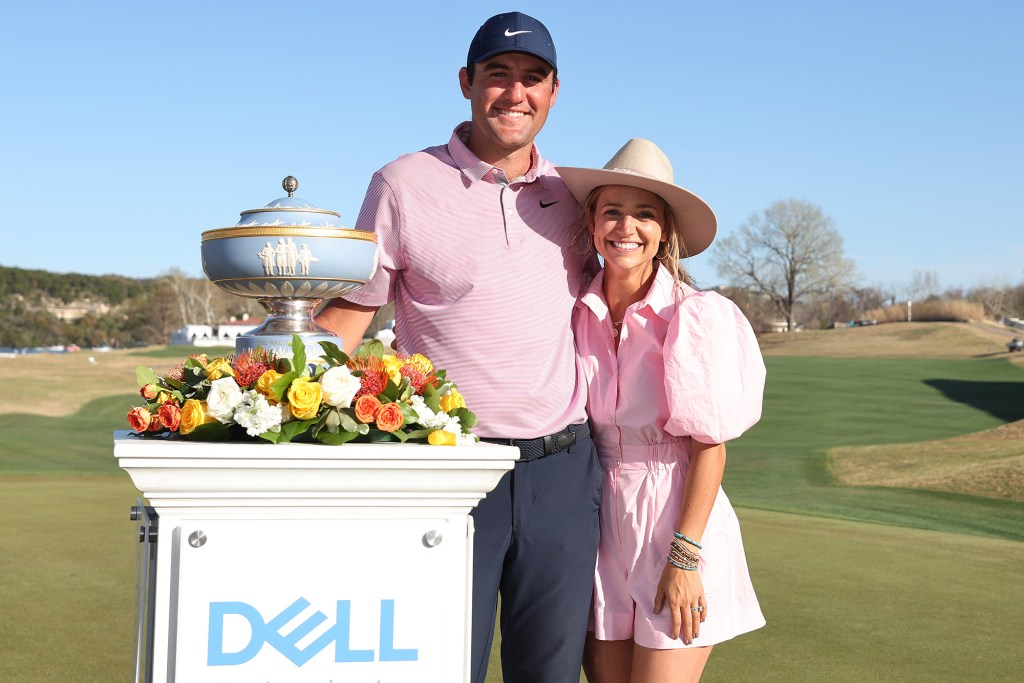 Scottie Scheffler and wife Meredith Scudder following his  World Golf Championships-Dell Technologies Match Play win on March 27, 2022, in Austin, Texas