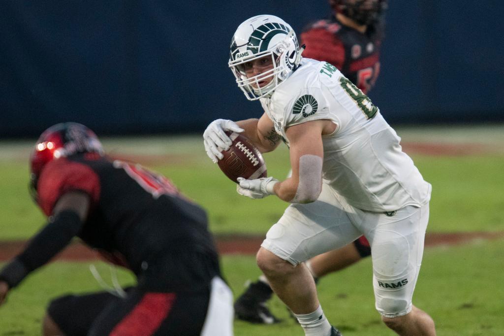 Colorado State tight end Trey McBride (85) sprits with the ball during an NCAA football game against San Diego State on Saturday, Dec. 5, 2020 in Carson, Calif.