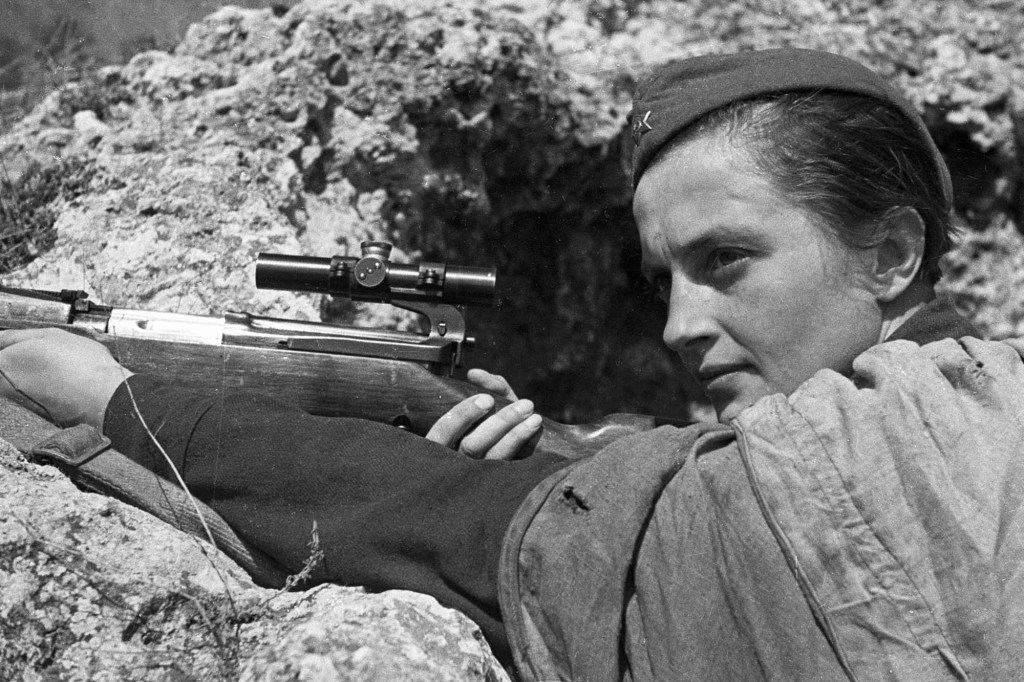 The Red Army Soviet sniper Lyudmila Pavlyuchenko defends Sevastopol from the Nazis, on June 06, 1942.