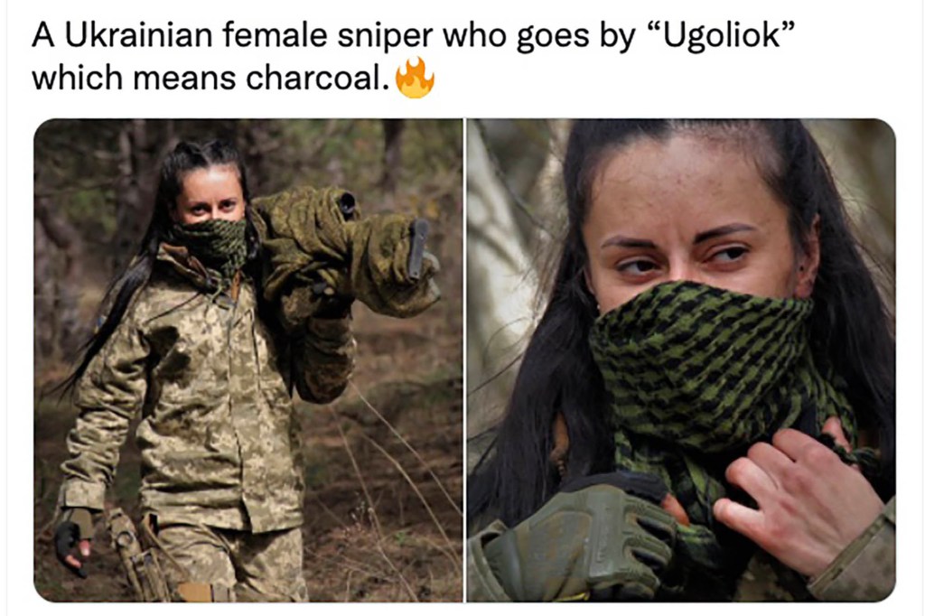 A Ukrainian sniper known only as “Charcoal” has been heralded as a national hero after she returned to the front line to help see off the Russian invasion.