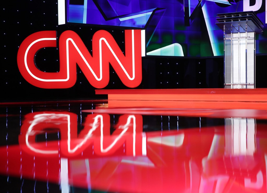 A general view shows the stage during a walk-through before a Democratic presidential debate sponsored by CNN and Facebook at Wynn Las Vegas 