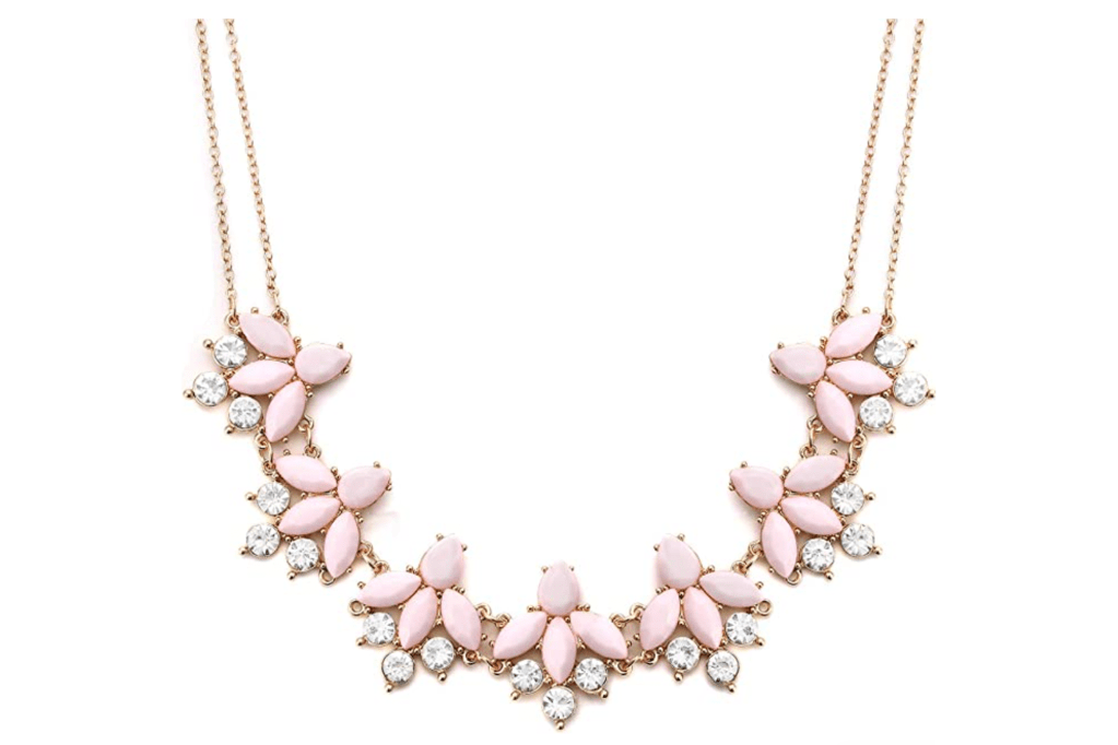 Liao Crystal Flower Rhinestone Statement Necklace, pink