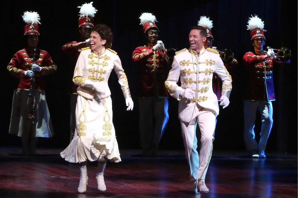 Hugh Jackman and Sutton Foster perform onstage during the opening night curtain call for "The Music Man."