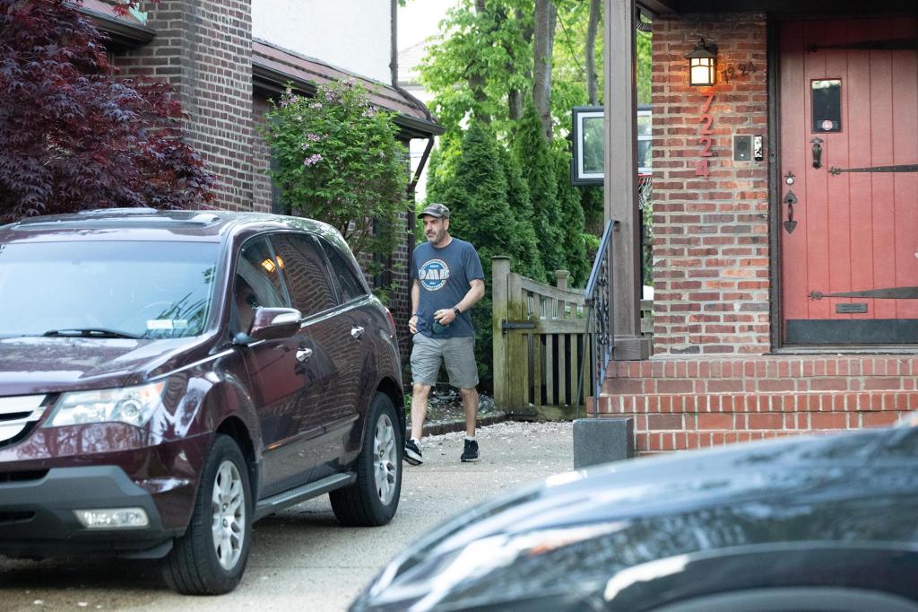 Howard Klein, whose wife Orsolya Gall was murdered last month, leaves his home on Juno St. in Queens to walk his dog Tuesday, May 17, 2022.