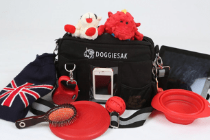 A black bag with red dog toys