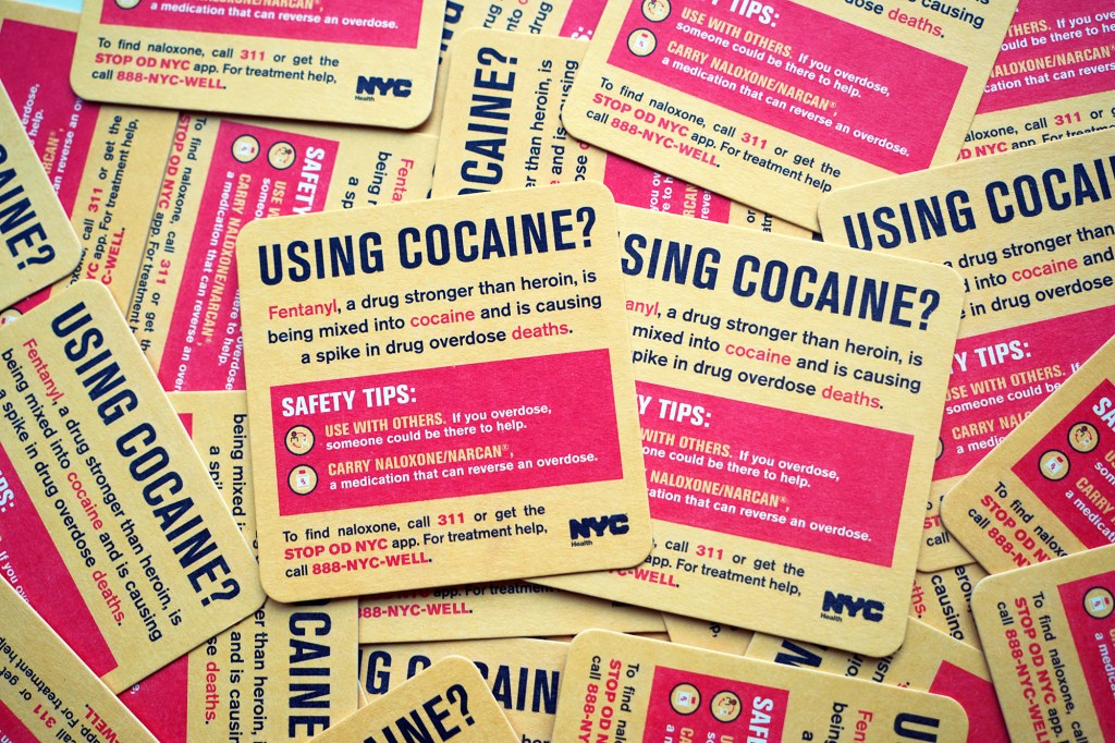 Coasters with information about fentanyl.