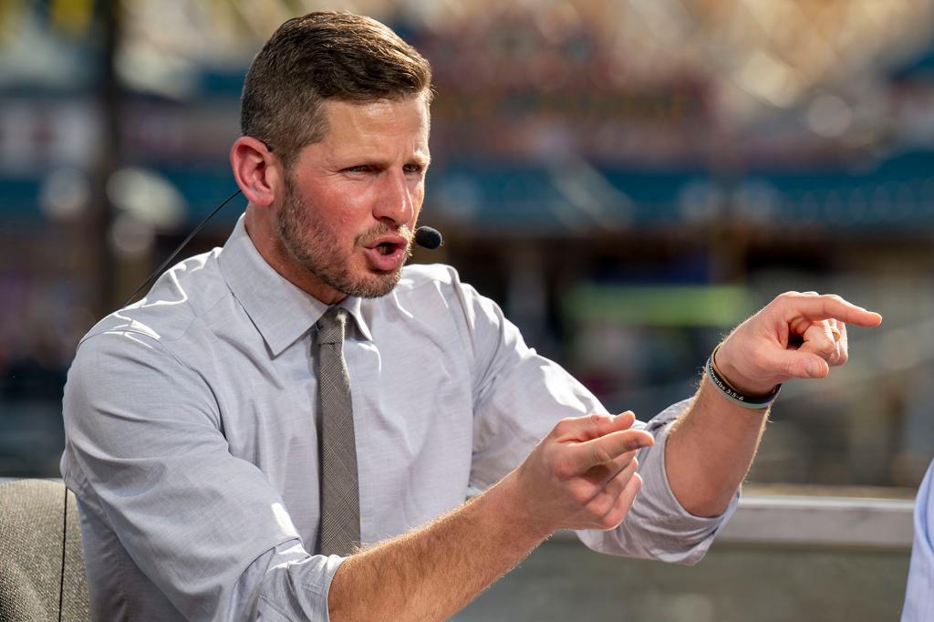 ESPN host Dan Orlovsky makes a point during an ESPN Super Bowl preview show broadcast from Disney California Adventure in Anaheim on Thursday, February 10, 2022.