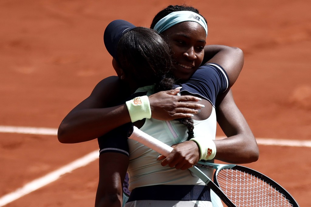 Sloane Stephens (foreground) congratulates Coco Gauff