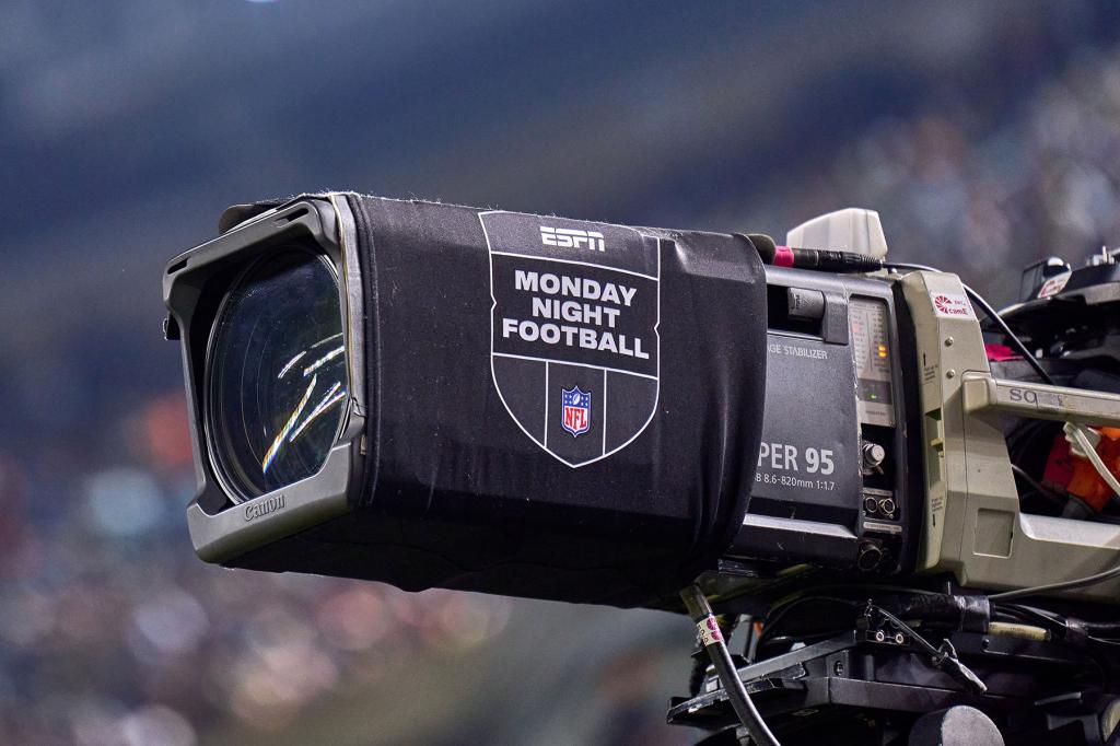 A detail view of a broadcast camera is seen with the NFL crest and ESPN Monday Night Football logo on it during a game between the Chicago Bears and the Minnesota Vikings on December 20, 2021, at Soldier Field in Chicago, IL.