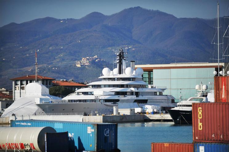 The superyacht 'Scheherazade', which has been linked to Russian President Vladimir Putin, is moored in the port at Marina di Carrara on March 23, 2022 in Carrara, Italy.