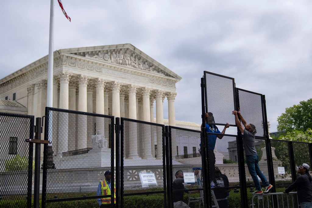 A security fence being installed near the Supreme Court building in Washington, DC on May 11, 2022.