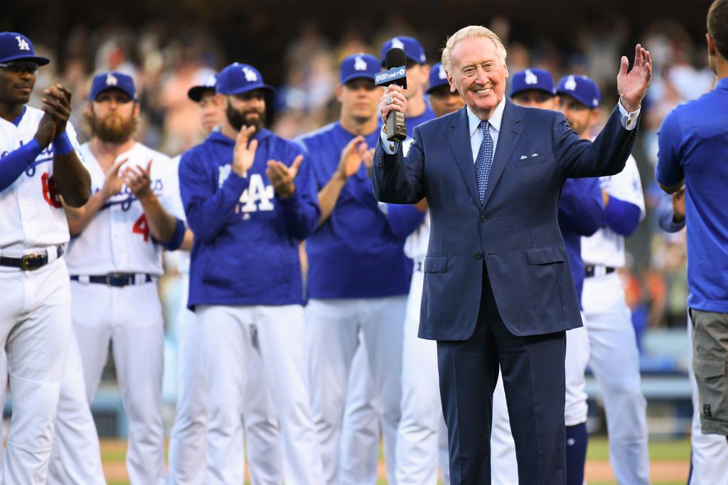 Former Dodger Announcer Vin Scully gives a speech during the Dodgers' Ring of Honor ceremony for Scully before an MLB game between the San Francisco Giants and the Los Angeles Dodgers on May 3, 2017, at Dodger Stadium in Los Angeles, CA.