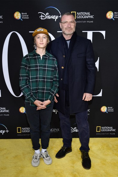 Actor Liev Schreiber, right, and son Sasha attend the premiere of "We Feed People" at the SVA Theatre on Tuesday, May 3, 2022.