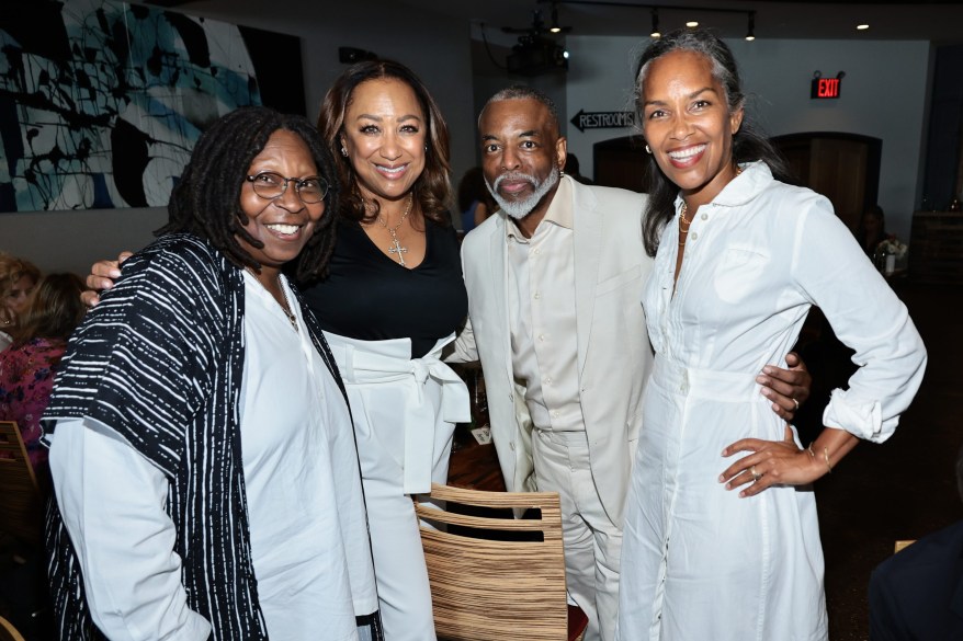 Whoopi Goldberg, LeVar Burton and Stephanie Cozart Burton pose for a photo at the Jury Welcome Lunch during the 2022 Tribeca Film Festival on June 8, 2022.