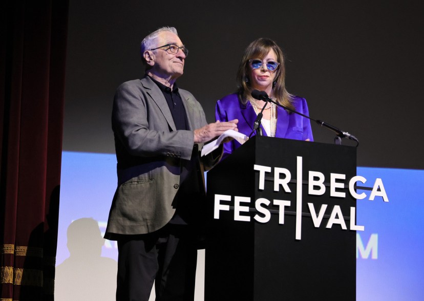 Robert De Niro and Jane Rosenthal, the co-founders of the Tribeca Film Festival, speak onstage during the "Halftime" Premiere on June 8, 2022.