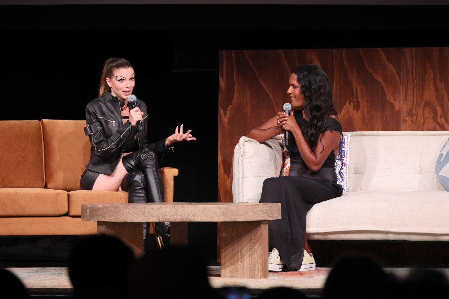 Julia Fox speaks onstage with director Richie Shazam at the "Savitree" premiere at the Tribeca Film Festival on June 16, 2022.