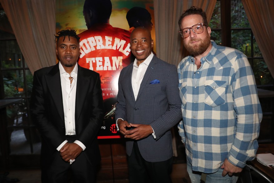 Nas, New York City Mayor Eric Adams and Peter J. Scalettar attend the "Supreme Team" documentary premiere during the 2022 Tribeca Film Festival on June 19, 2022.