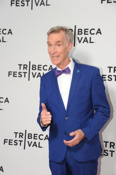 Bill Nye shines in the spotlight for the premiere of 'The End Is Nye' at Tribeca Film Festival in New York City.