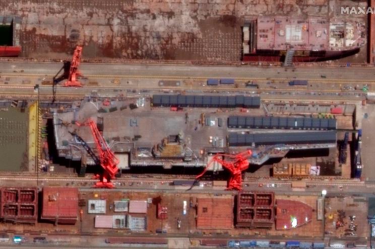 This satellite image from Maxar Technologies shows construction of China's Type 003 aircraft carrier at the Jiangnan Shipyard northeast of Shanghai, China, May 31, 2022.