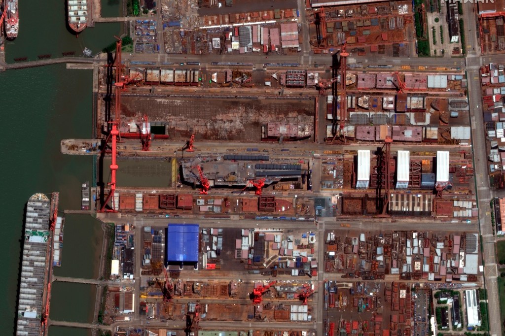 This satellite image from Maxar Technologies shows construction of China's Type 003 aircraft carrier at the Jiangnan Shipyard northeast of Shanghai, China, May 31, 2022.