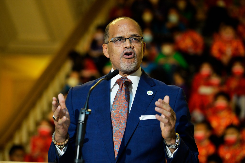 NYC Mayor Eric Adams is joined by School Chancellor David C Banks