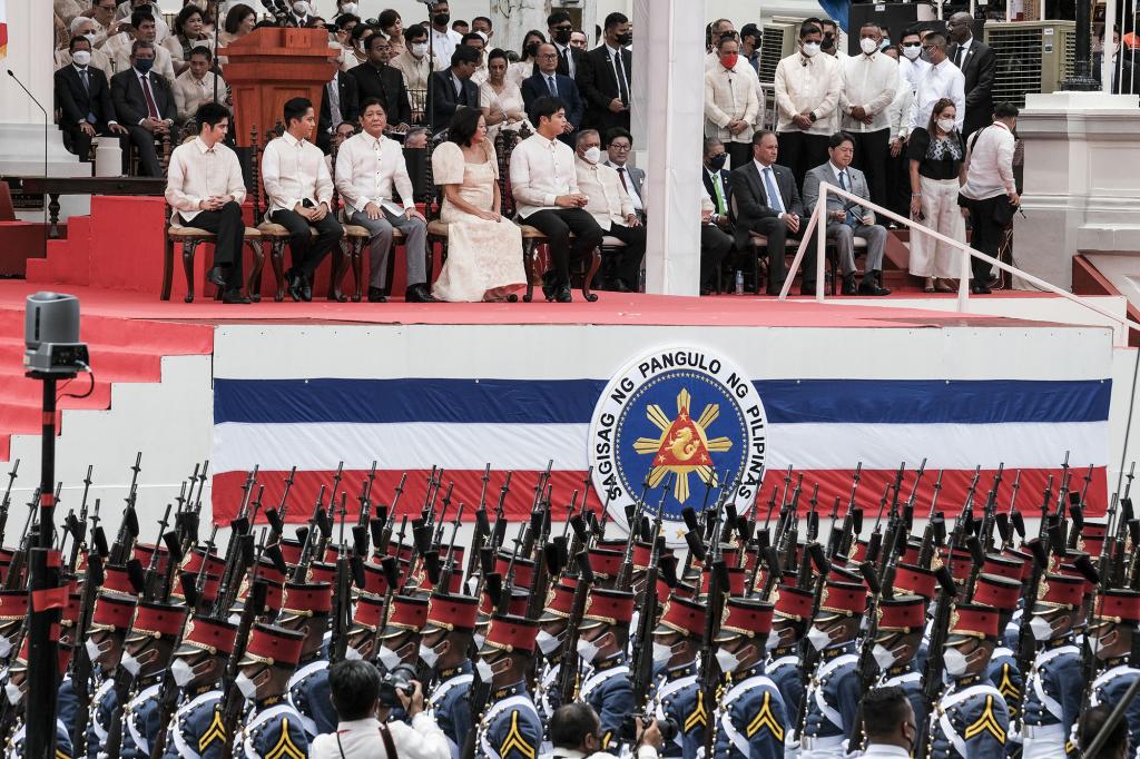 Members of the Armed Forces of the Philippines march at the swearing-in ceremony of the Philippines president, Ferdinand Marcos Jr.