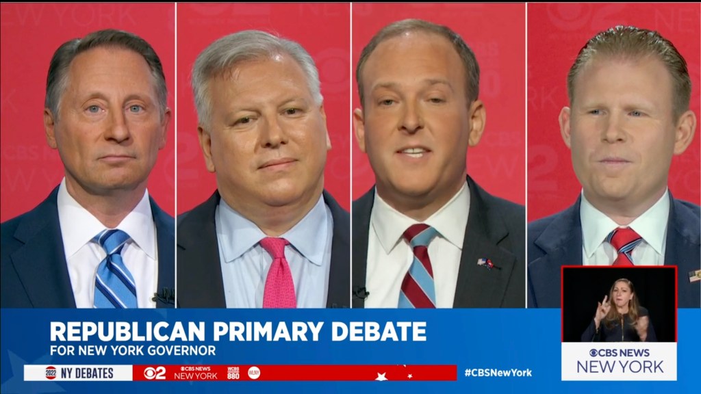 Former Westchester County Executive Rob Astorino, far left, businessman Harry Wilson, second from left, former Suffolk County Congressman Lee Zeldin, second from right, and Andrew Giuliani, far right, face off during New York's Republican gubernatorial debate.