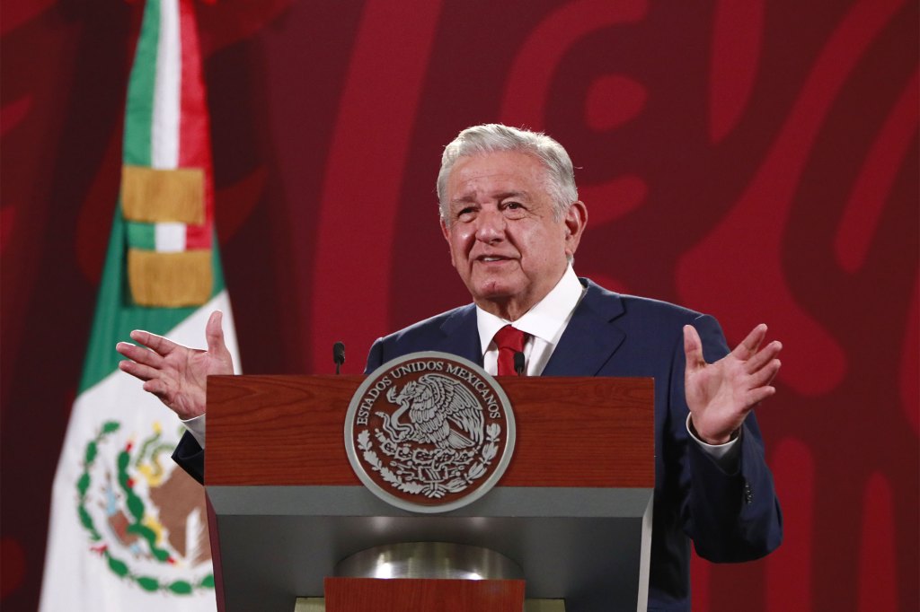 The President of Mexico, Andres Manuel Lopez Obrador, speaks during his press conference at the National Palace in Mexico City, Mexico, 23 May 2022. 