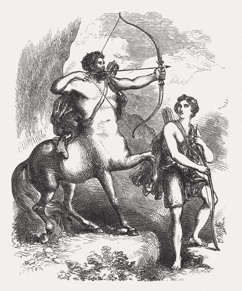 The Centaur Chiron teaching the Young Achilles in Archery. Scene from the Greek mythology.