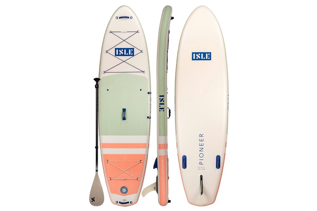 A teal and orange paddle board