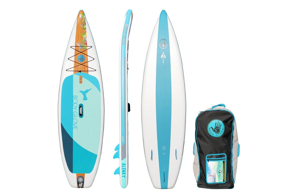 A blue standup paddle board